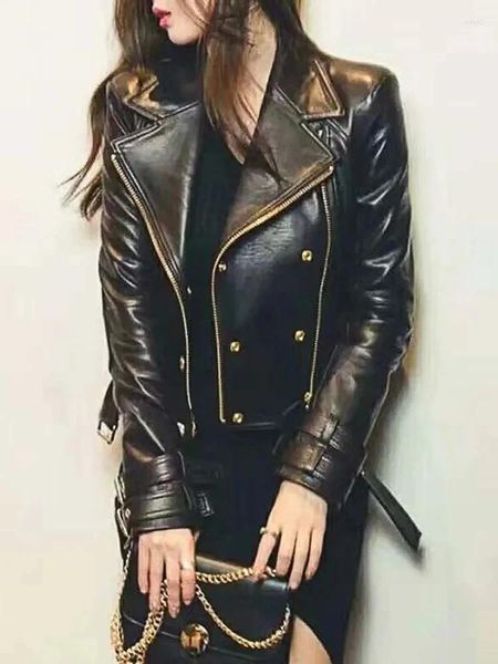 Женская кожаная модная женская дубленка 2023, весенне-осенняя моторная куртка, женская двубортная черная XXXXL