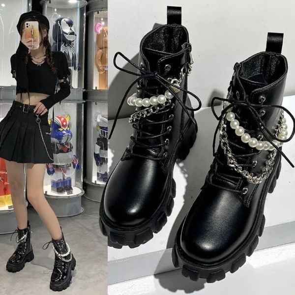 Ботинки, новинка 2023 года, женская модная повседневная обувь на щиколотке с жемчужной цепочкой, женские кроссовки на массивной шнуровке, женские кроссовки на платформе с боковой молнией для верховой езды 231019