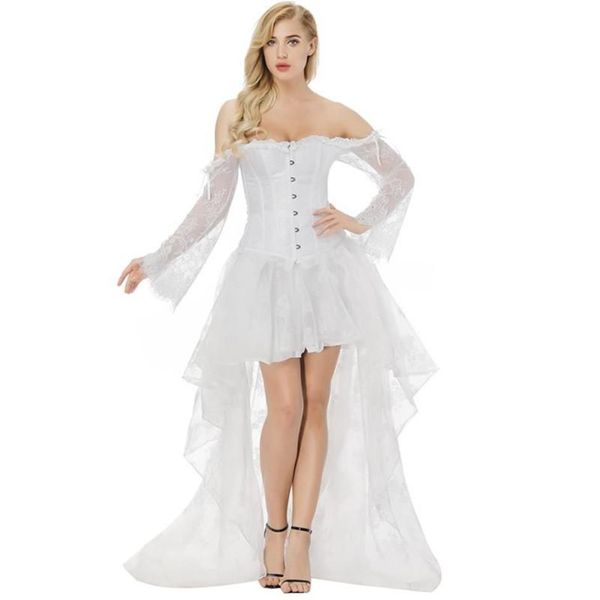 Bustini Corsetti Abito corsetto bianco Abito da donna sexy con spalle scoperte Maniche lunghe in pizzo con gonna Costume da sposa vittoriano275E