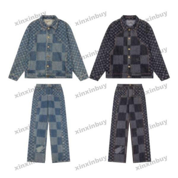 xinxinbuy Cappotto da uomo firmato Giacca in denim con pannelli lettera jacquard Set di griglie a scacchiera maniche lunghe donna bianco Nero blu XS-L