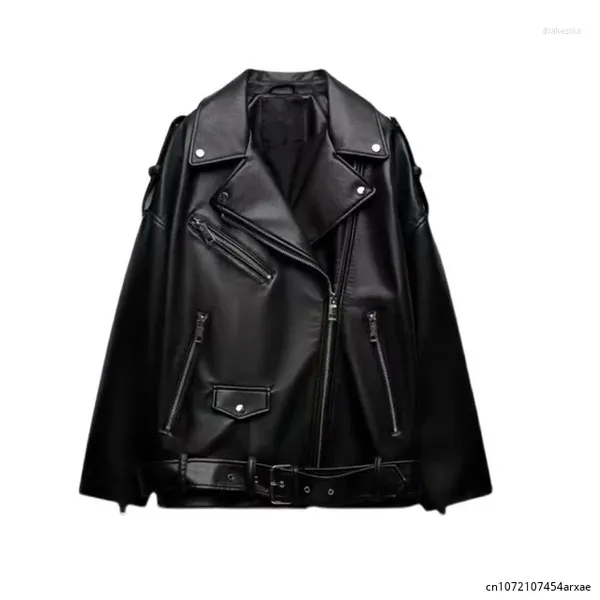 Женские мотоциклетные куртки с кожаным ремнем, зимние женские черные пальто из искусственной кожи, тяжелое белое повседневное пальто 2023, стильная одежда