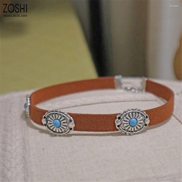 Anhänger Halsketten Kaffee Samt Seil Halsband Für Frauen Böhmischen Stil Blau Stein Vintage Blume Halskette Silber Platte Gothic Schmuck Kurz