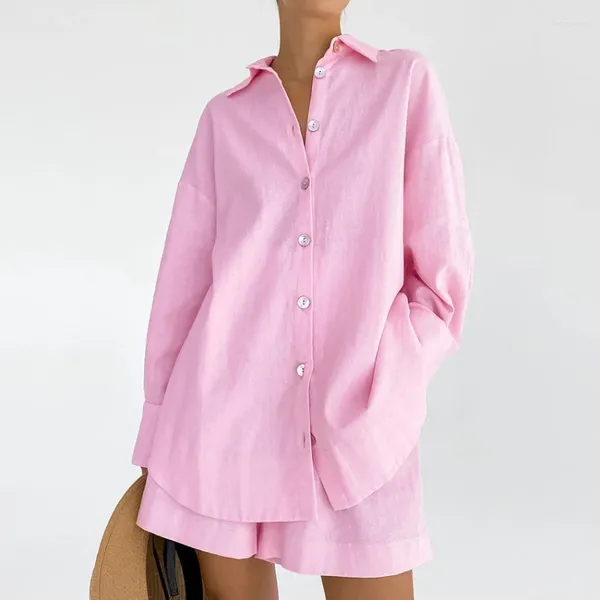 Tute da donna Camicetta da donna alla moda 2023 Set da due pezzi stile coreano in cotone rosa elegante e top a maniche lunghe corto