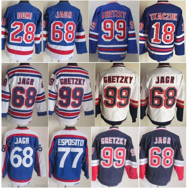 Uomo Retro Hockey 99 Wayne Gretzky Maglie CCM Retire 68 Jaromir Jagr 77 Phil Esposito 28 Tie Domi 18 Walt Tkaczuk Vintage Classic 91-92 75th Anniversary Stitch