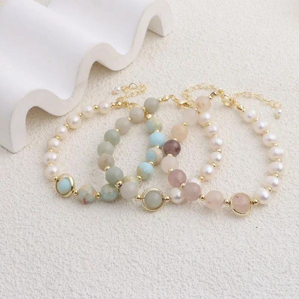 Strand Minar Bracciale vintage con perline di perle d'acqua dolce per donna Braccialetti asimmetrici in pietra naturale multicolore in rame oro 14 carati