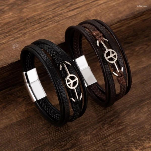 Charme pulseiras na moda couro homens aço multicamadas paz marca corda trançada para jóias masculinas pulsera hombre presentes