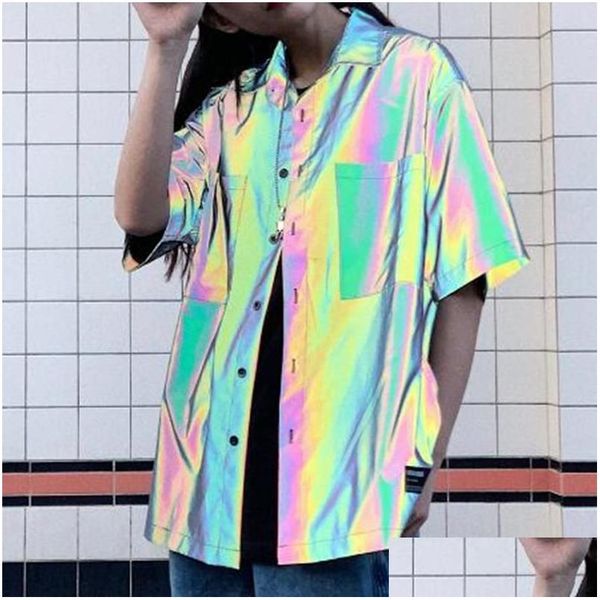 Mens Casual Shirts Drop Reflektierende Männer Kurzarm Hemd Straße Hip Hop Punk Bluse Mann Vintage Regenbogen Kleidung Lieferung