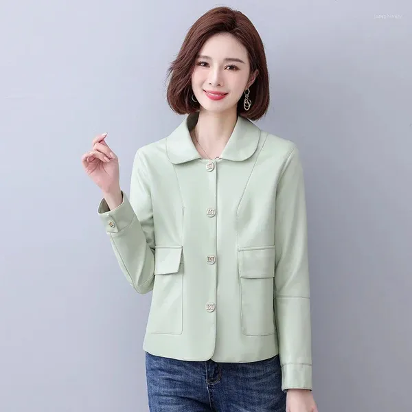 Botão de couro feminino curto genuíno blazer jaquetas de pele carneiro fino rosa real casaco coreano moda outono roupas das senhoras xl