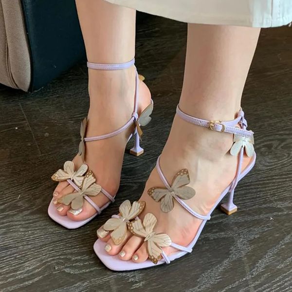 Сандалии бабочки, фиолетовые женские туфли на высоком каблуке, лето 2023, повседневная женская обувь с квадратным носком на тонком каблуке с ремешками на щиколотке, обувь для вечеринок 231019
