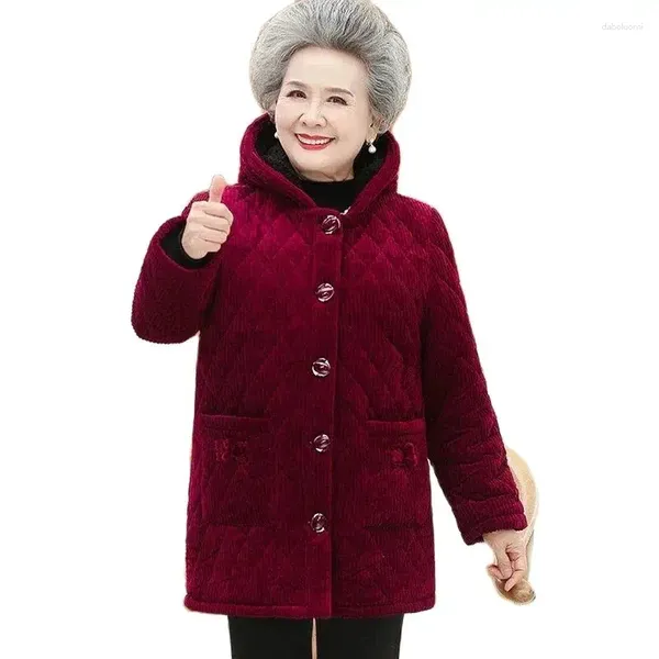 Trench da donna Cappotto in velluto a coste con cappuccio in cotone 2023 Abbigliamento invernale per anziani Addensare caldo 50 60 70 anni Cappotto della nonna Parka