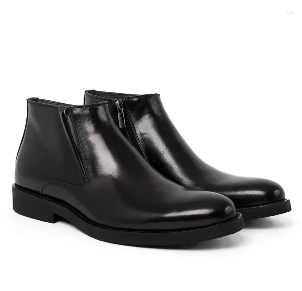 Stivali Moda Nero / Marrone Chiaro Fodera In Calda Lana Inverno Uomo Caviglia Abito In Vera Pelle Scarpe Formali Maschili