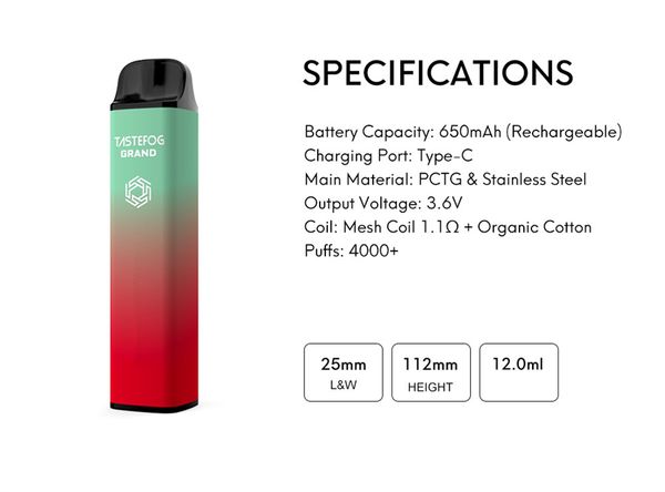 Оптовая продажа с фабрики Tastefog Grand 4000 затяжек Одноразовая ручка Vape Pen 2% пара 4K Vape 650 мАч Тип-C Перезаряжаемая одноразовая мини-электронная сигарета