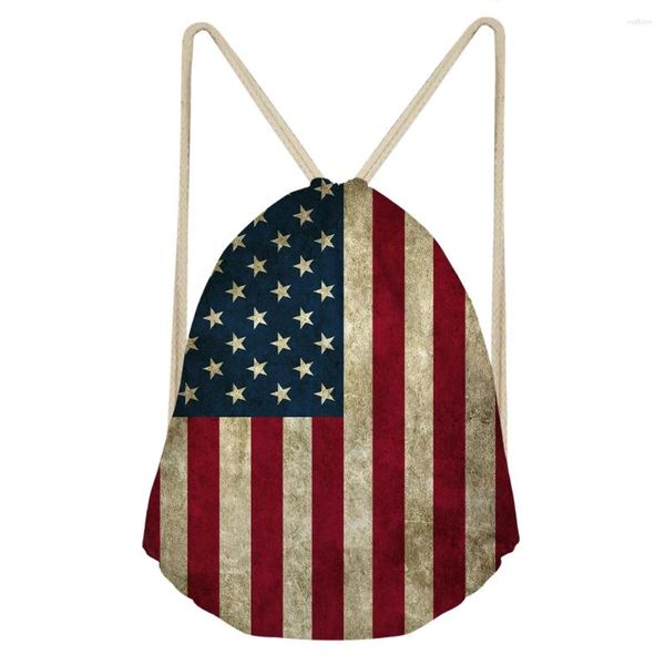Einkaufstaschen 3D Gedruckt Weibliche Student Schulranzen Vintage USA Amerikanische Flagge Retro Kordelzug Rucksack Männer Schultern Tasche Mochila