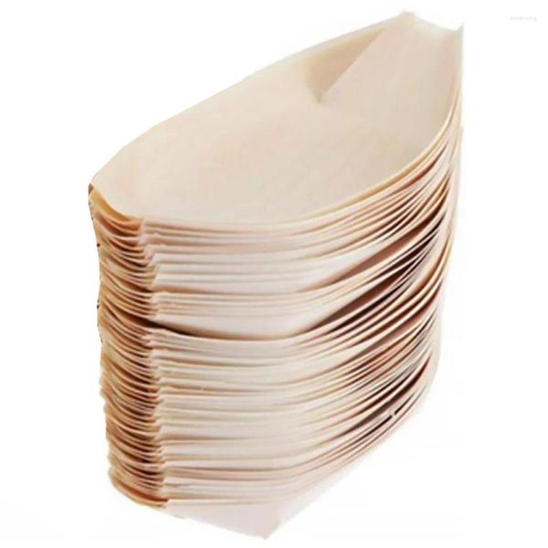 Set di stoviglie 50 pezzi Piatti usa e getta in plastica per barche da sushi Ciotola per snack in legno Contenitore per foglie di bambù Stoviglie
