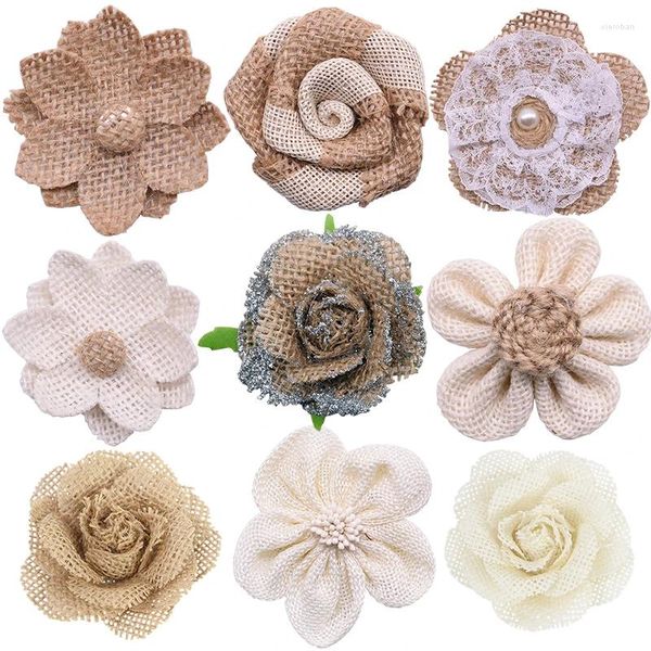 Decorazione per feste 5 pezzi vintage di tela di iuta naturale fiocchi di iuta rosa fiore artificiale per matrimonio Natale fai da te fatto a mano Bowknot