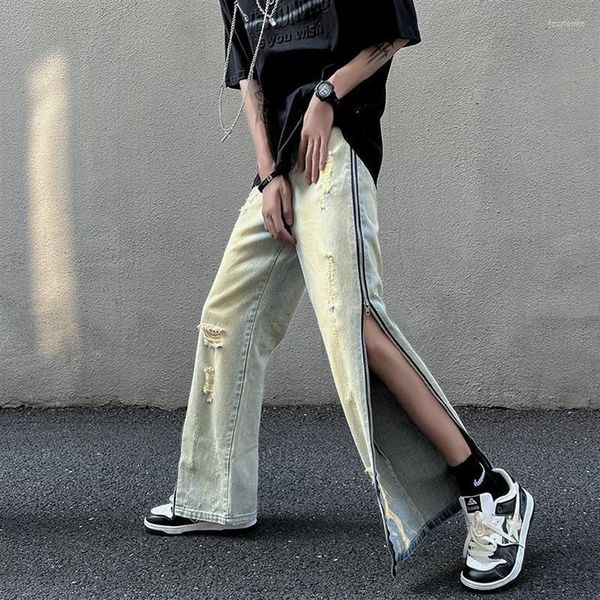 Jeans masculinos lado zip split design para homens tendências de moda casais streetwear adolescente perna reta calças jeans namorado style207y
