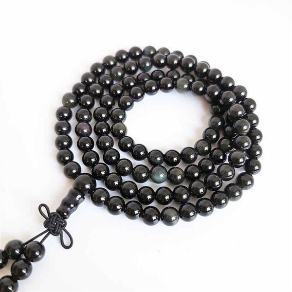 6mm natural obsidiana contas redondas pulseiras com olhos de arco-íris 108 oração meditação mala bro501 fios frisados276j