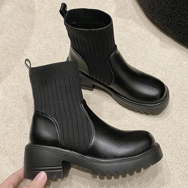 Boots Black Sock Women Slip On Ankle Female 2023 New Fashion Punk Gothic Shoes Ladies Lolita Low Heels Short 231019