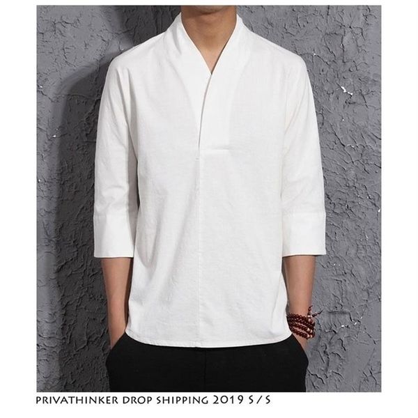 Gota masculina sólida harajuku camisas de verão streetwear camisa de linho moda masculina estilo chinês vintage branco shirts276r
