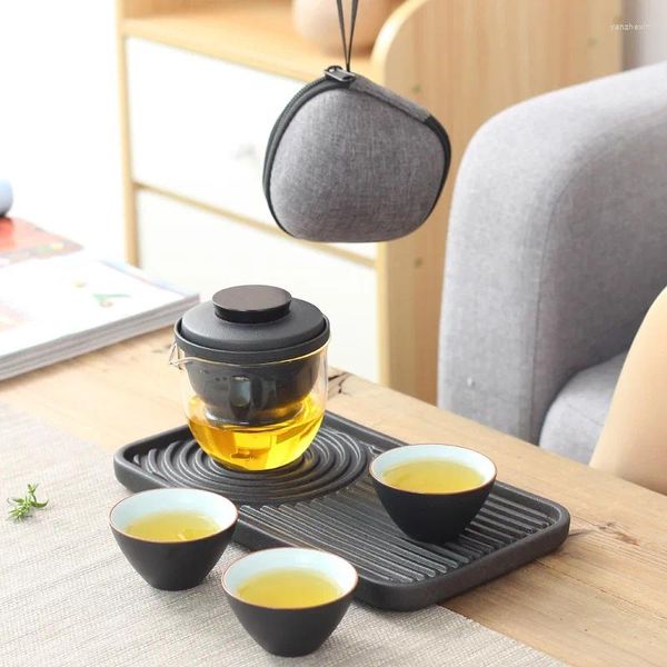 Conjuntos de chá japonês copo rápido justo viagem conjunto de chá portátil um pote enche três xícaras