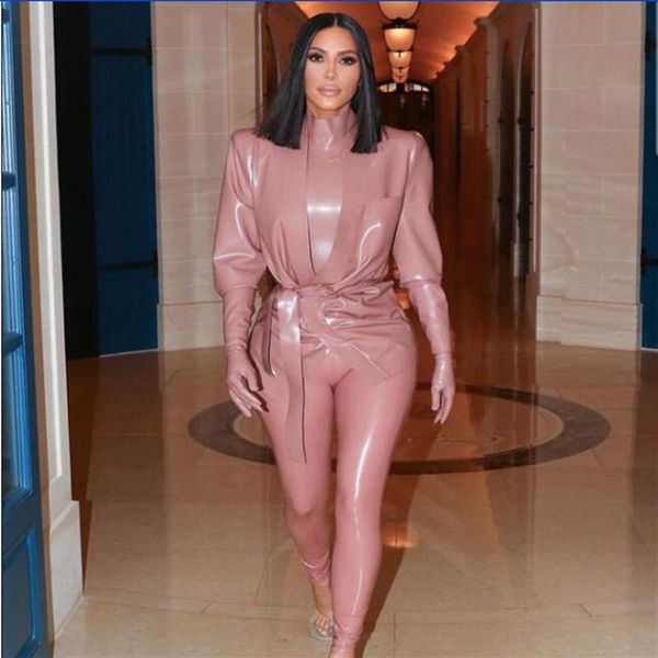 Vestido de noite yousef aljasmi terno feminino kim kardashian rosa 3 peças roupas de couro terno de pele coordenadas gola alta manga longa2770