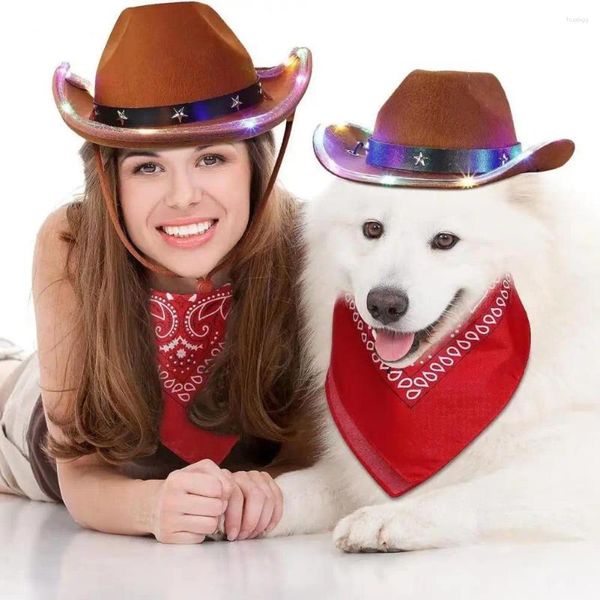 Cão vestuário chapéu de cowboy para cães com cabo elástico festivo traje de animal de estimação ajustável bandana conjunto luzes festa temática