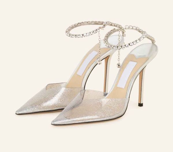 Scarpe da sposa di marca Décolleté da donna décolleté di marca di lusso con tacco saeda 100mm cinturino in cristallo in vernice e camoscio décolleté a punta in pelle bianca