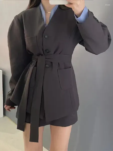 Vestidos de trabalho coreano moda escritório senhora blazer 2 peça define roupa feminina outono com decote em v terno jaqueta mini saia dois conjunto para