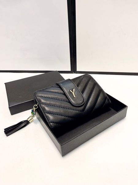 Design de couro genuíno franja zíper carteira dobrável moda três dobras envelope carteira mini sacos noite bolsa embreagem com caixa