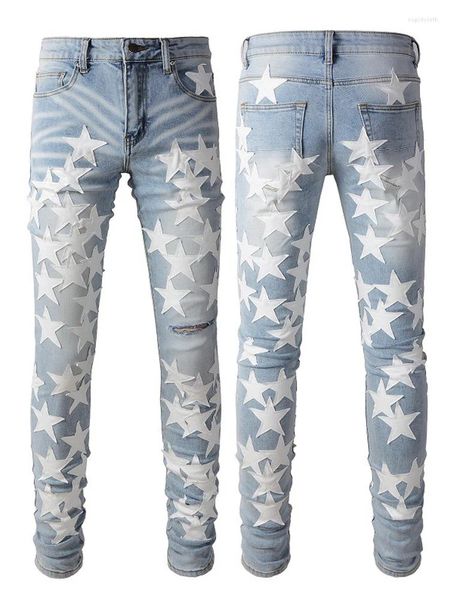 Jeans masculinos yeae high street retro estrelas retalhos para homens 2023 cintura rasgada magro estiramento lápis calças streetwear chique