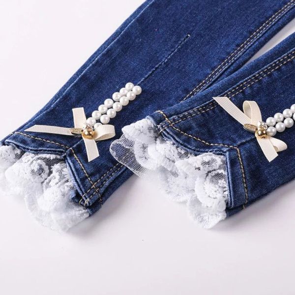 Jeans Mädchen Jeans Frühling Baumwolle Denim Spitze Patchwork Bein Jeans Perlenmuster Kinder Hosen Bleistift Mädchen Leggings 4-14Y Kinder Hose 231019