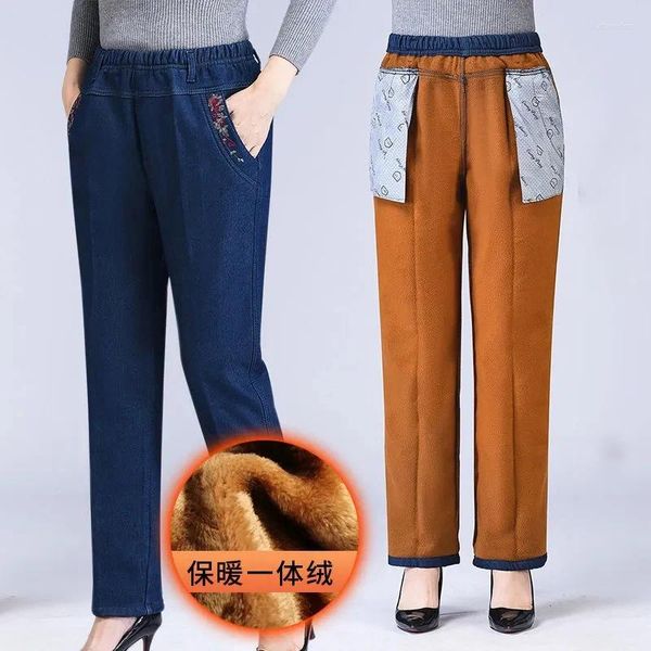 Frauen Jeans 2023 Winter Plüsch Samt Gefüttert Gerade Denim Hosen Mom Hohe Taille Gestickte Baggy Vaqueros Vintage Verdicken Warm