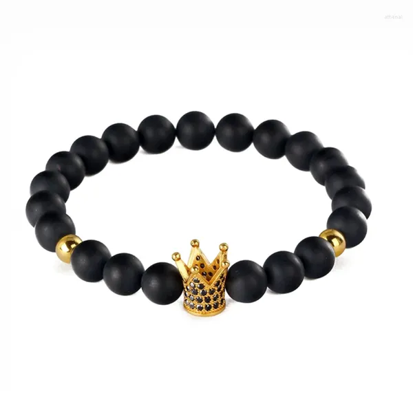 Strang Natürliches Schwarzes Armband Matte Onyx Stein Armreifen Schmuck Geschenk CZ Krone Männlich Intarsien Zirkon Charme Armbänder Für Mann