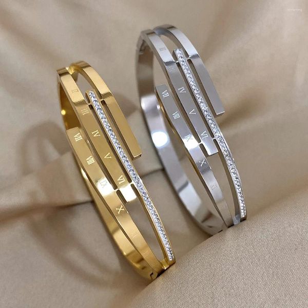 Bangle Aensoa 316L Aço Inoxidável Intersect Inliad Numerais Romanos Pulseiras Pulseiras Para Mulheres Design Jóias À Prova D 'Água