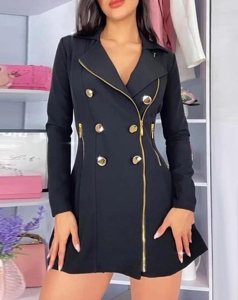 Casual Kleider Frauen Elegante Blazer Kleid Geknöpft Zipper Tasche Design Frauen Arbeit Kerb Kragen Langarm Mini Weibliche