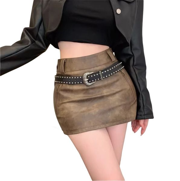 Mini jupe courte en cuir PU pour femmes, nouveau style rétro américain à haute élasticité, avec ceinture et ceinture, SML, automne