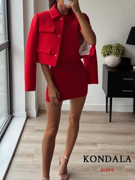 Ternos femininos kondala elegante vermelho cortado jaqueta quatro bolsos de aba colarinho botão encerramento blazer moda 2023 outono chique feminino outwear