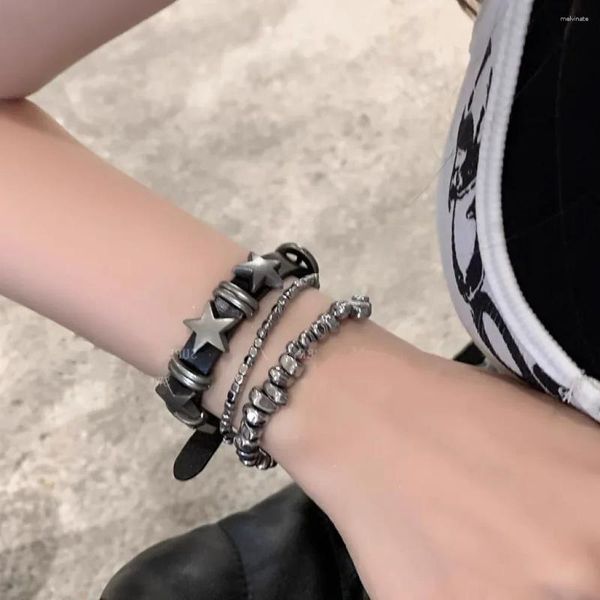 Link pulseiras escuro vintage envelhecido punk pulseira empilhados couro preto cinco pontas estrela colar moda festa jewerly