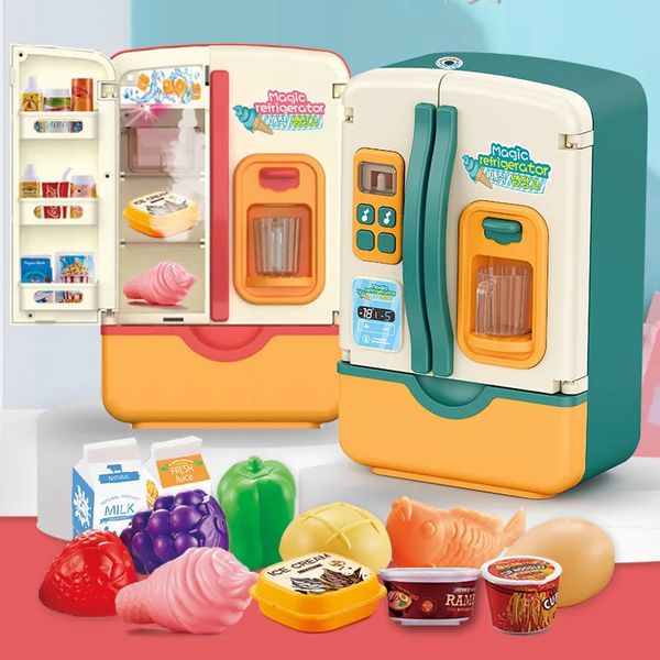 Cozinhas brincam comida cozinha infantil brinquedo geladeira com luzes e sons simulação porta dupla geladeira cozinha jogar casa conjunto para crianças 231019