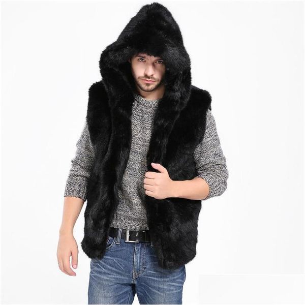 Coletes masculinos jaqueta de pele do falso colete sem mangas inverno corpo quente casaco com capuz gilet 487g-733g entrega direta