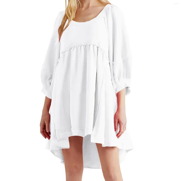 Повседневные платья, элегантное женское белое платье, осенне-зимнее свободное платье с длинным рукавом, 2023, женский мини-халат с круглым вырезом, Femmes