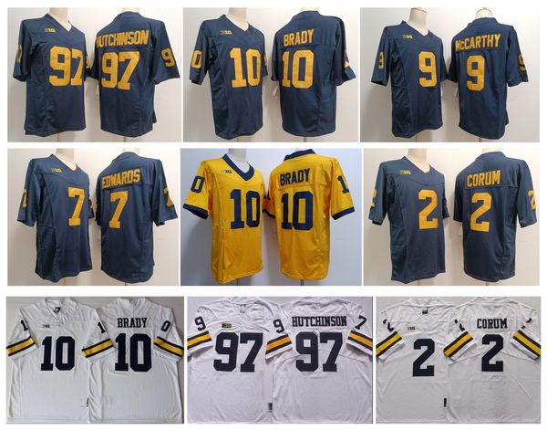 Camisa de futebol do Michigan Wolverines NCAA College 97 Aidan Hutchinson 10 Tom Brady 2 Blake Corum 9 J.j. Mccarthy 7 Donovan Edwards Azul Branco Amarelo Tamanho S-XXXL
