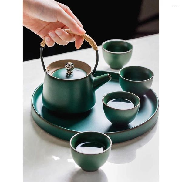 Set da tè in ceramica 4 persone usano scatola regalo per amici Stile retrò giapponese 1 vassoio per tazze da teiera portatile Set di teiere verdi creative