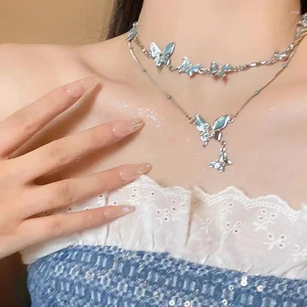 Collane con ciondolo Collana a farfalla blu per le donne Design della moda coreana Tendenza Donna dolce Kawaii Gioielli creativi alla moda per ragazze da festa