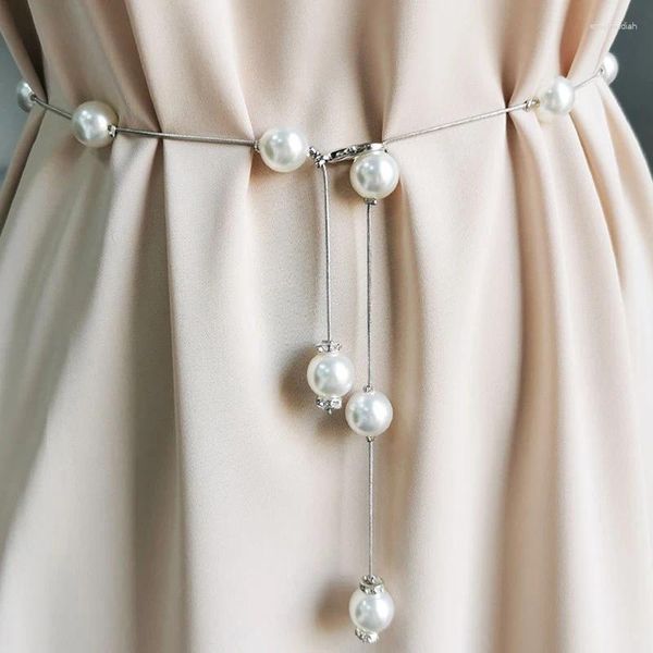 Cinture Cintura da donna con perle Catena sottile in metallo regolabile semplice per abiti da donna Cintura sottile Gioielli decorativi
