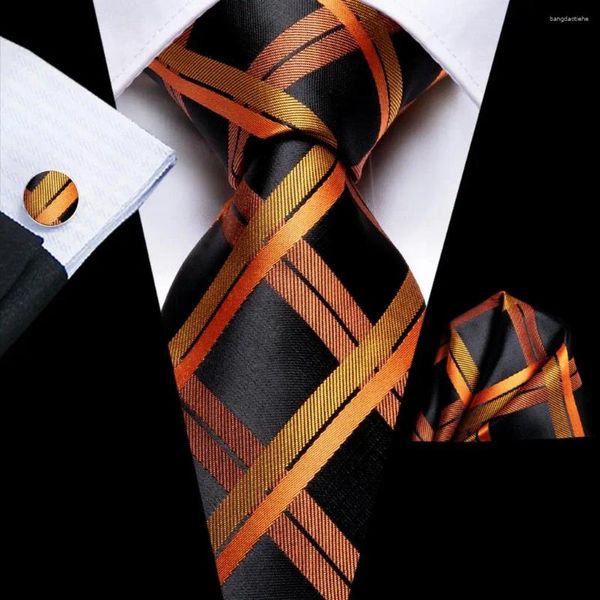 Fliegen Plaid Orange Schwarz 2023 Elegante Herren Hanky Manschettenknopf Seide Krawatte Für Männer Hochzeit Party Business Mode Marke Hallo-krawatte