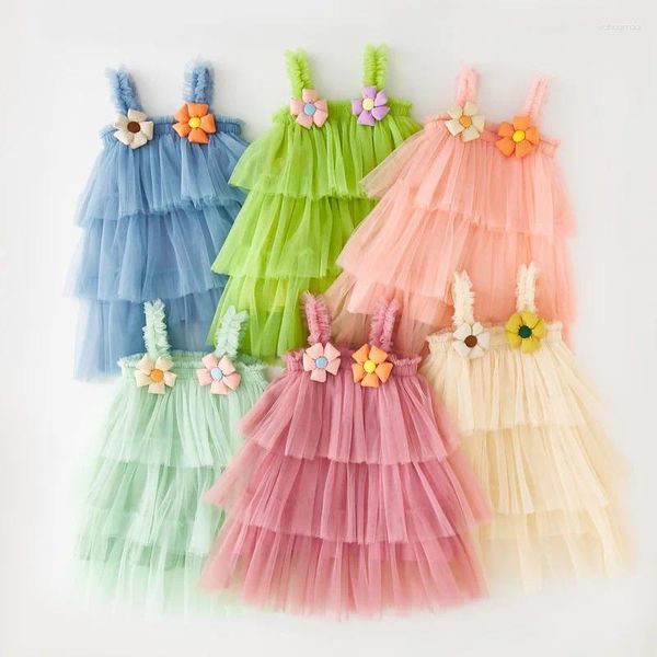 Платья для девочек, летнее детское платье-тортик с 3D цветами, без рукавов, сетчатое детское бальное платье ярких цветов для маленьких девочек, пляжный отдых