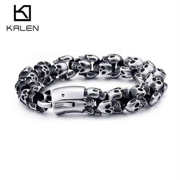 Kalen grande aço inoxidável brilhante crânio charme pulseiras masculino menino punk esqueleto moda jóias presente para grandes men2391