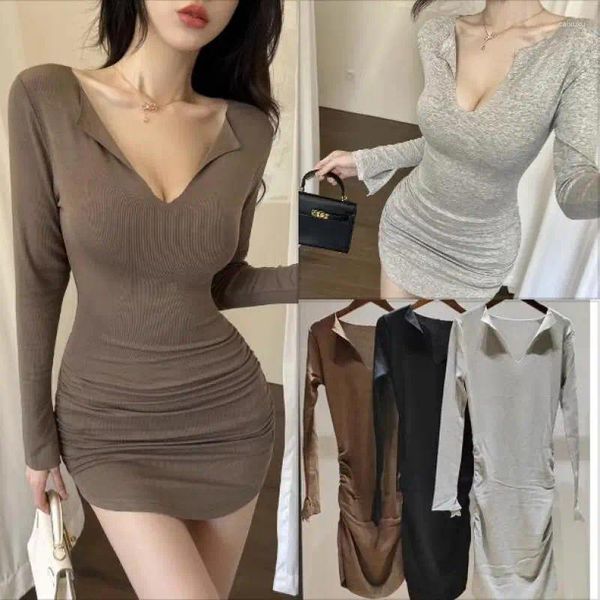 Abiti casual Abito coreano sexy con scollo a V Slim manica lunga aderente Club Mini