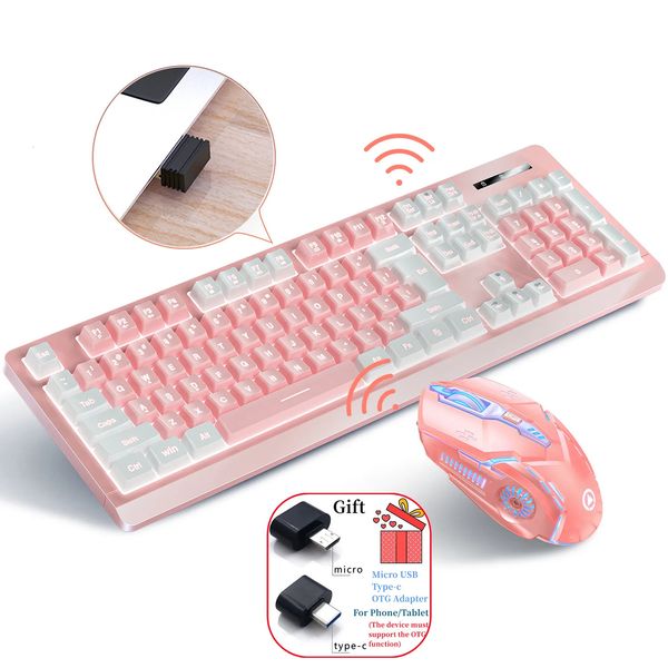 Teclado Mouse Combos Kit Sem Fio Recarregável 2.4G 104 Teclas Brilho Backlight Jogos e Ratos para Jogo de Design de Escritório 231019